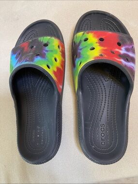 CROCS Black Slide with Rainbow Tie-Dye Strap